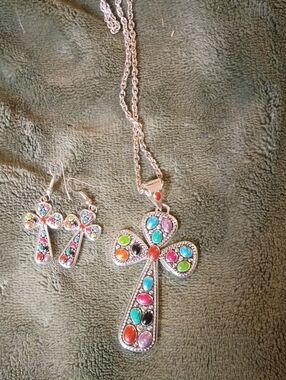 Vintage Signed Best South Western Multi Stone Assent Cross Necklace And Earrings
